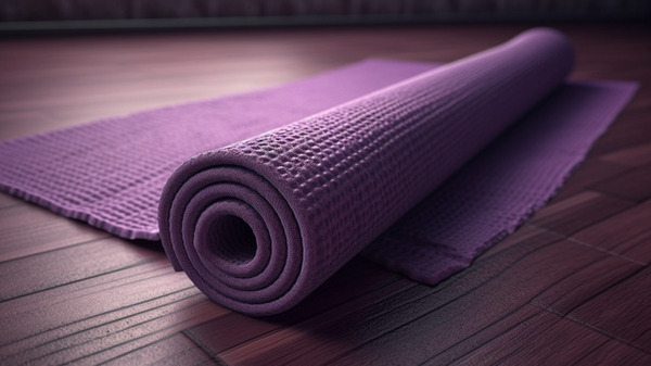 Susuktas violetinis jogos kilimėlis ir augalas šviesiame kambaryje